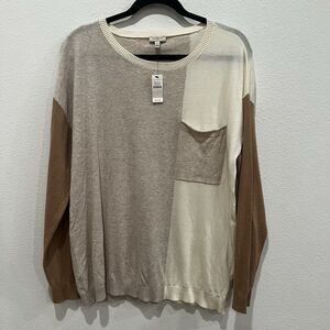 NWT Talbots Sweater Colorblock Long Sleeve Round Neck Women's Large Beige Tan